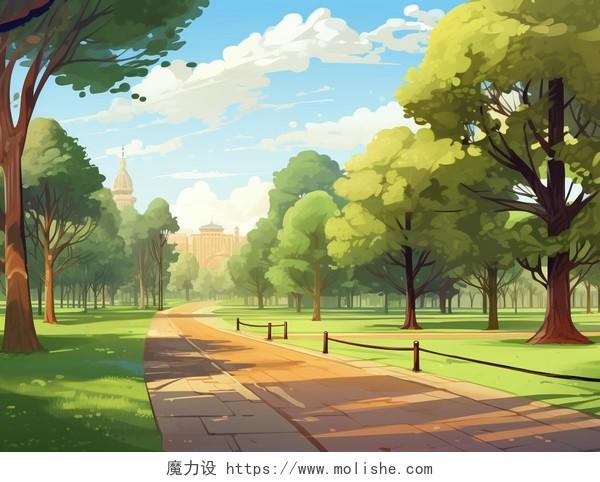 公园中央绿树成荫的道路卡通AI插画自然风景